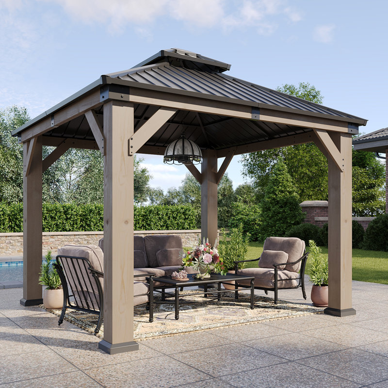 Pavillon de jardin en cèdre 10 pi x 10 pi avec double toit en acier galvanisé pour patio, cour arrière et terrasse