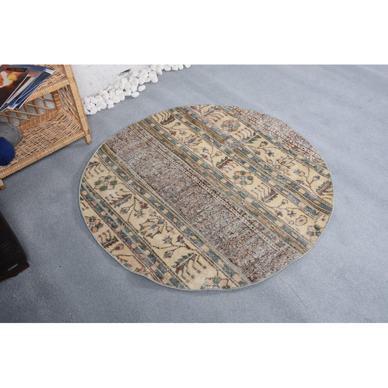 Petits tapis 3,7 x 3,7 pi, tapis en laine beige, tapis géométrique, tapis rétro, tapis neutre, tapis turc