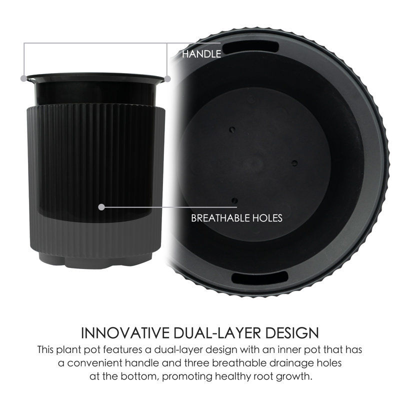Black 16'' Tall Plastic Outdoor/Indoor Planter with Water Reservoir