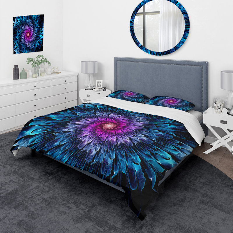 Mauve et bleu fleur fractale - ensemble de housse de couette moderne - microfibre de polyester