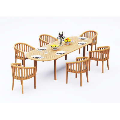 6 Seats 7 Pcs Grade-A Teak Wood Dining Set: 118" Double Extension Oval Table And 6 Lenong Arm Chairs #11LN2606