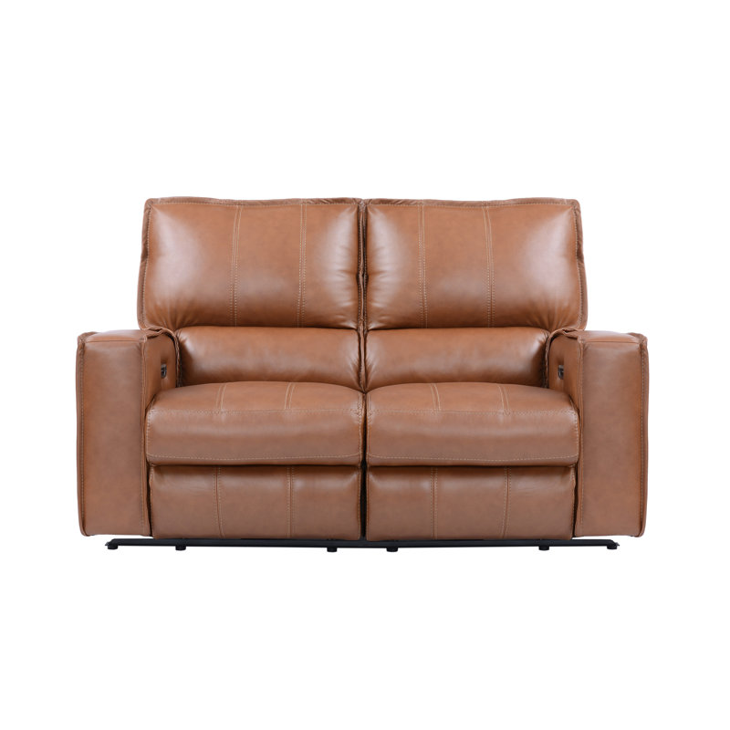 Causeuse inclinable à accoudoirs carrés en cuir véritable 64 po Azyah, Cuir à équipement véritable brun