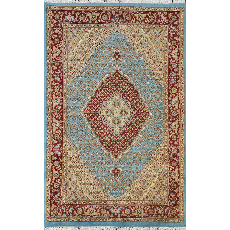 Tapis bleu en laine et en soie noué à la main de conception unique 4 pi x 5 pi 10 po