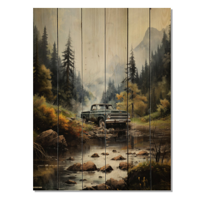 Camionnette verte «Misty Mountains I» sur bois, H 20 po x l 10 po x P 0,78 po