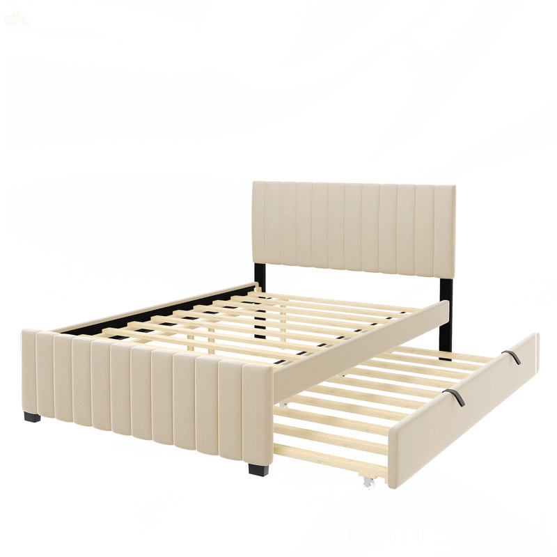 Lit plateforme double en velours avec lit gigogne, Beige
