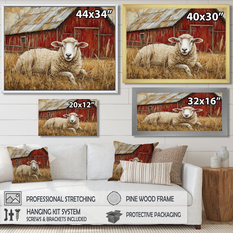«Sheep By The Old Red Farm», reproduction d'art sur toile, H 12 po x l 20 po, Reproduction d'une seule photo avec cadre, Doré