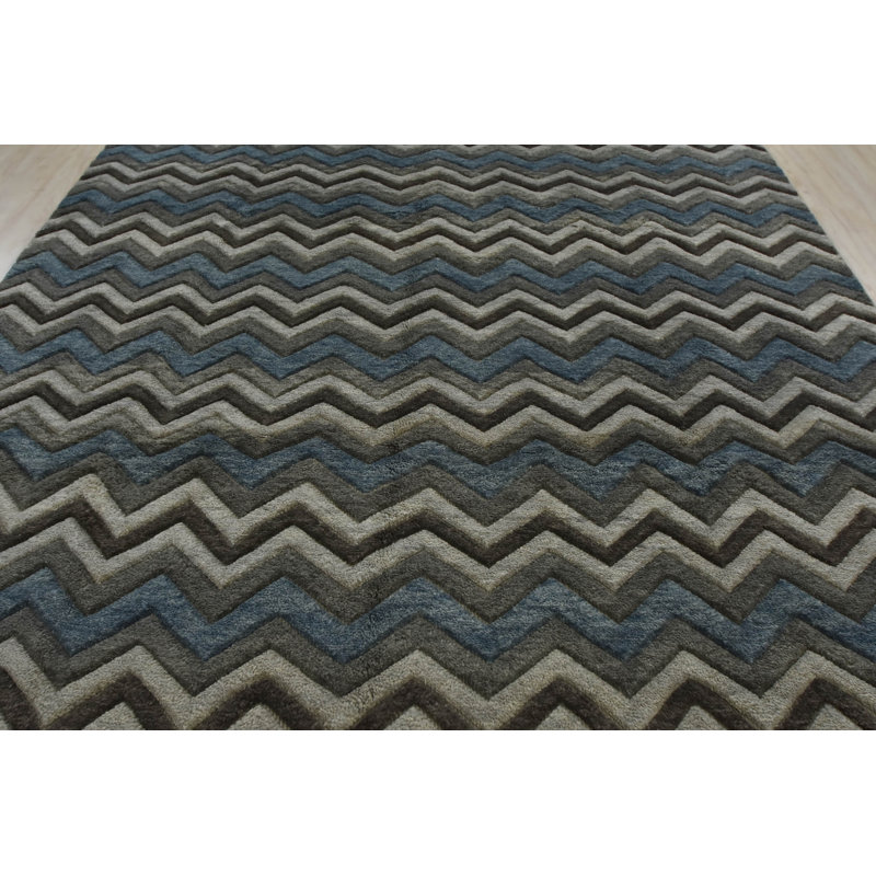Tapis gris / crème en laine noué à la main de conception unique 8 pi 1 po x 10 pi 3 po Chowk