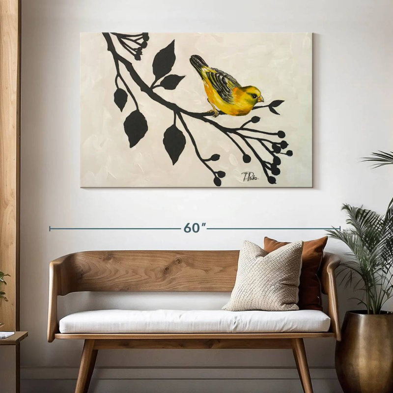 Brampt oiseau jaune sur la branche I, H 32 po x l 48 po