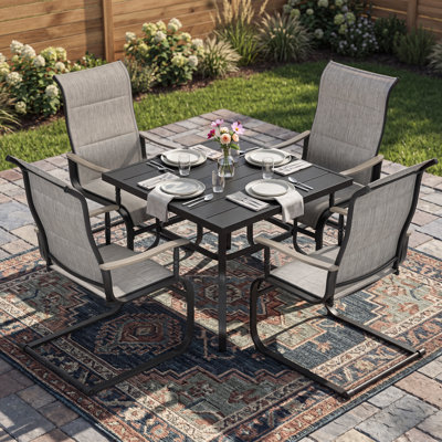 5-piece Patio Dining Set, C-spring Motion, Wood-grain Armrests