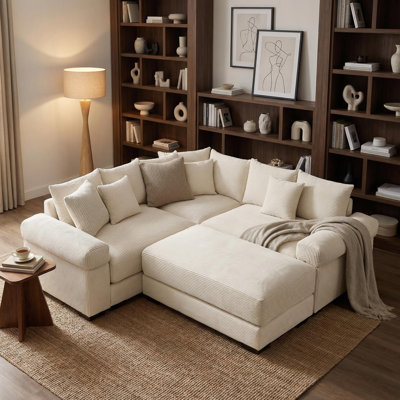 Oversized Corduroy Modular Sectional Sofa with Ottoman and Deep Seating, Beige 