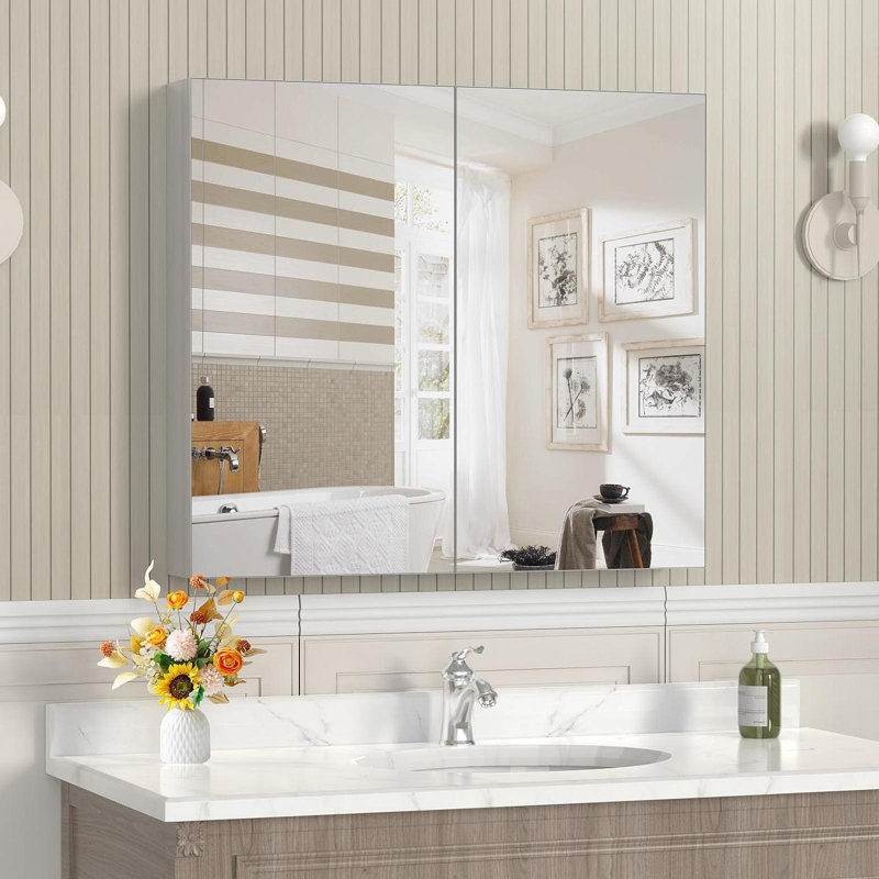 Armoire à pharmacie 32 po x 28 po avec miroir pour salle de bain, miroir de salle de bain mural avec rangement, tablettes réglables, cadre en aluminium, fixation en surface argent