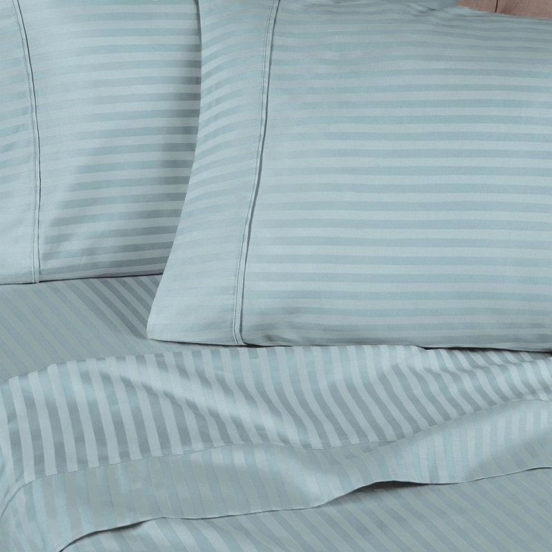 300 Thread Count Certified Egyptian Cotton Stripe Sheet Set, Light Blue, Split King Sheet Set + 2Fitted Sheet + 2Pillowcase