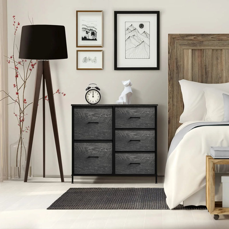 Sorbus 5 Drawers Dresser with Steel Frame and Wood Top in Rustic, Black