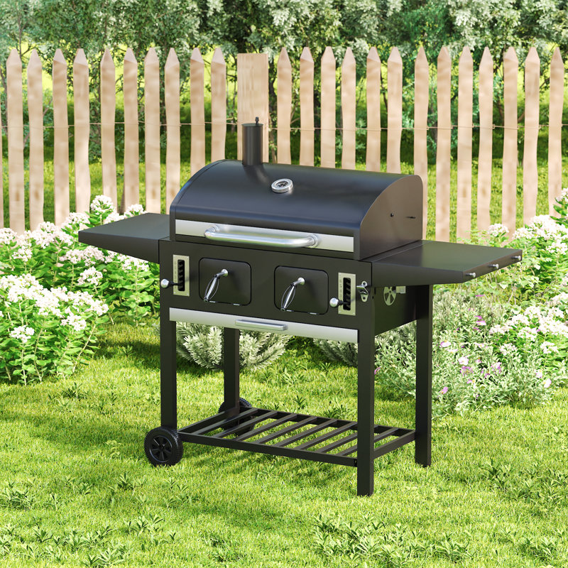 Barbecue au charbon 30 po avec plateaux relevables et 2 tables d'appoint pliables
