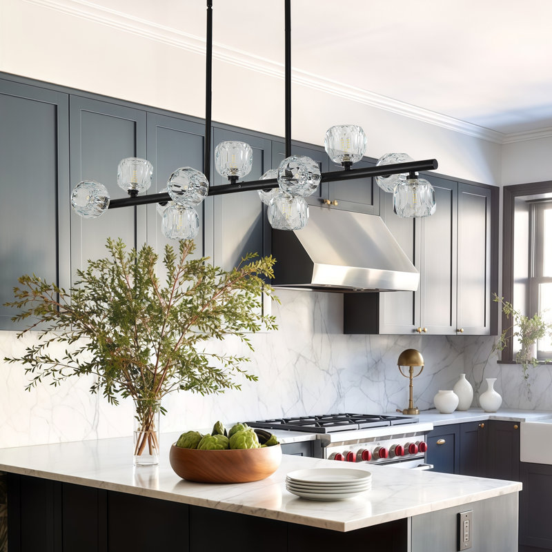 Modern Crystal Chandelier Dining Room Light Fixtures Black Chandeliers With Crystal Ball Shade 12-Lights Industrial Globe Hanging Pendant Lighting For Kitchen Island,Living Room,Dining Room