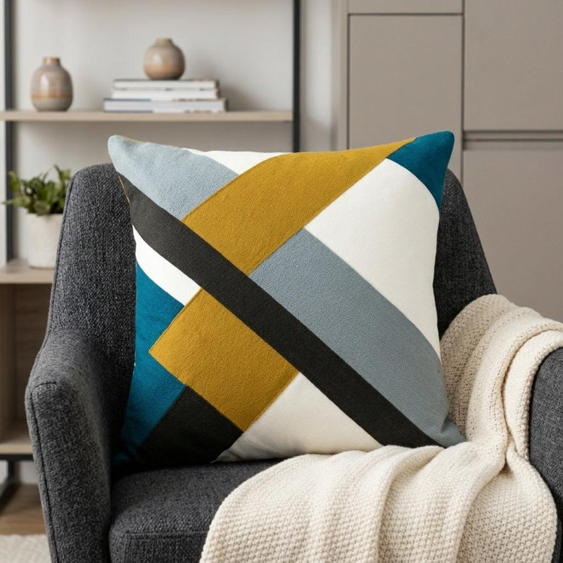 Coussin décoratif brodé à motif géométrique multicolore de 20 po x 20 po