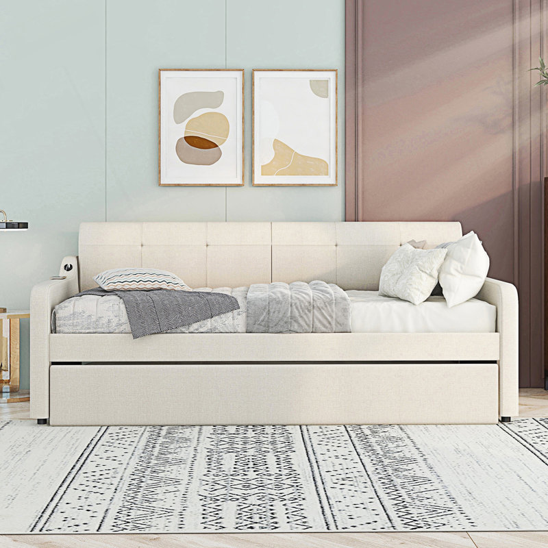 Lit de jour rembourré de style moderne avec lit gigogne et charge USB, Beige