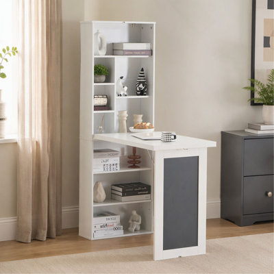 Fold-Out Murphy Desk, Wall Mount Table Cabinet with Blackboard & Shelves, Space-Saving