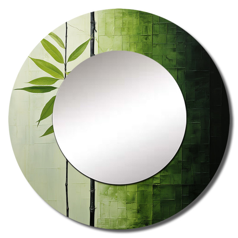 «Green Ferm Simple Collage III - Leaves Unique Wall Mirror», miroir rond vert, impression sur métal, 23 po x 23 po