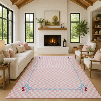 Tapis lavable en faux cerisier Coquette Gingham Cherry avec envers antidérapant