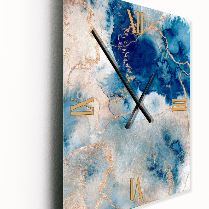 Horloge murale abstraite en métal bleu et or Marble Clouds III, Surdimensionné