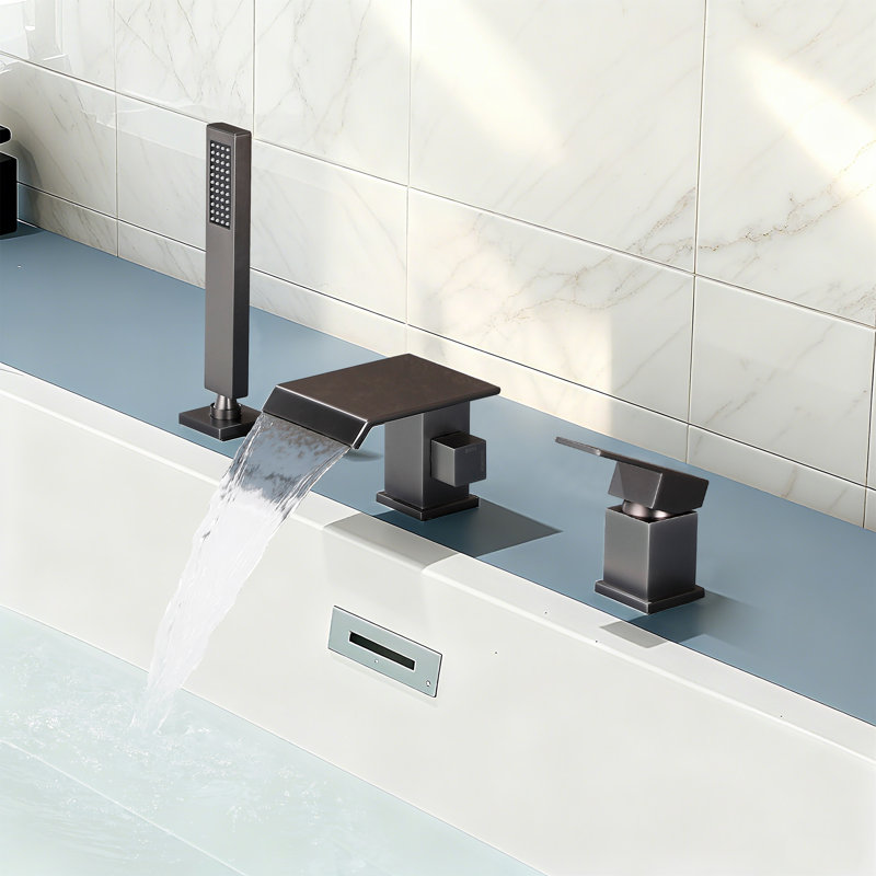 Solid Brass Deck Mounted Waterfall Roman Tub Filler with Hand Shower, Gun Gray