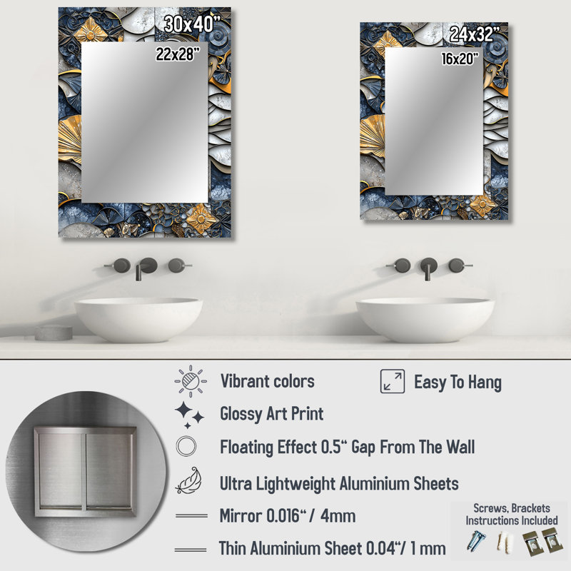 «Blue and Grey Coastal Abstract Tiles II» - miroir décoratif abstrait, miroir mural bleu, impression sur métal, 32 po x 24 po
