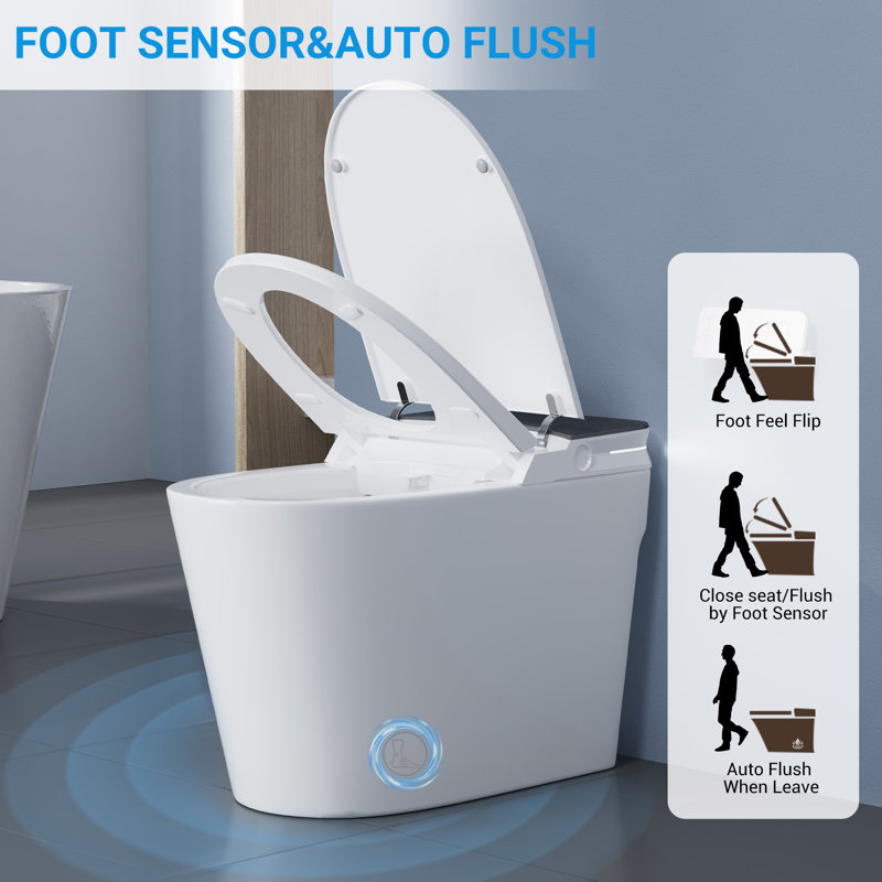 Smart One-Piece Toilet with ADA Height Heated Seat, Bidet Built-In, Instant Hot Water, Air Dryer, Foot Sensor, Seat Sensor Flush,Auto Open/Close Lid, Night Light&LED Display, Foot Sensor Lid Lift