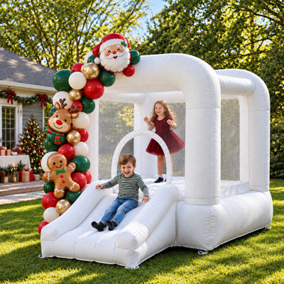 Maison de rebond pour tout-petits, mini maison de rebond blanche avec glissoire et souffleur pour utilisation intérieure / extérieure, cadeau de fête d'anniversaire pour enfants / tout-petits 