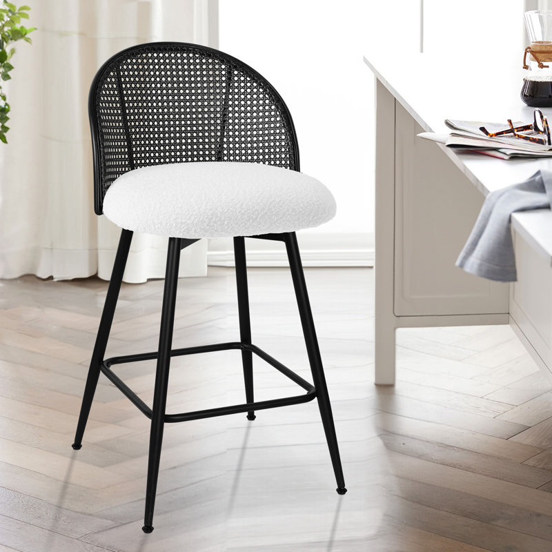 Aansu Swivel Boucle Upholstered Counter & Bar Stool, White, Counter Stool (26" Seat Height), Black