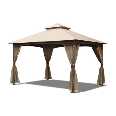 10'X13' Gazebo Canopy Tent - Metal Frame Double Roof Soft Top With Netting For Garden Backyard Lawn Deck Khaki And Reliable Structure Outdoor Construction, Roof, Resistance, Waterproof Khaki