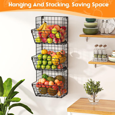 Wall Mount Storage Baskets, 3-Tier Wire Organizer with Hooks, Black