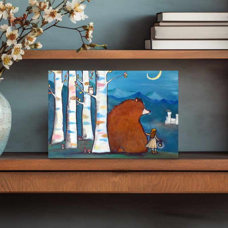 Moonlit Bear And Girl Modern Abstract Contemporary Landscape Nature Wall Art Print by Andrea Doss - Wrapped Canvas Print
