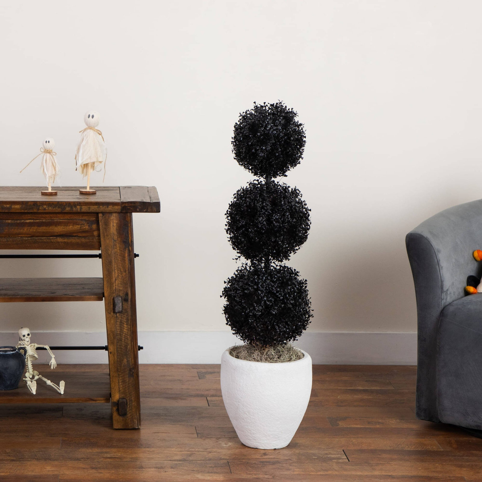 8Ft. UV Resistant Artificial Triple Ball Boxwood Topiary Tree (Indoor/Outdoor), 36" H x 10" W x 10" D, Black