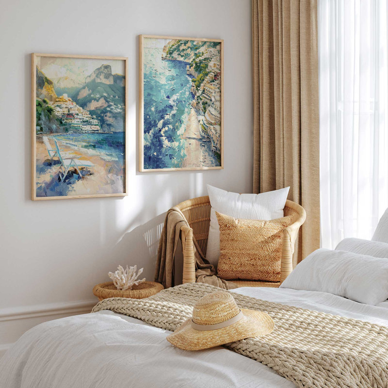 Ensemble de 2 pièces encadrées sur papier "Positano" par Azure Artisanal Studio, H 26 po x l 24 po x P 1,25 po, Érable brut