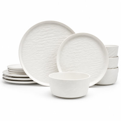 Ensemble de vaisselle en grès moderne organique 12 pièces Adria, assiettes à dîner texturées, assiettes et bols à salade, va au micro-ondes et au lave-vaisselle