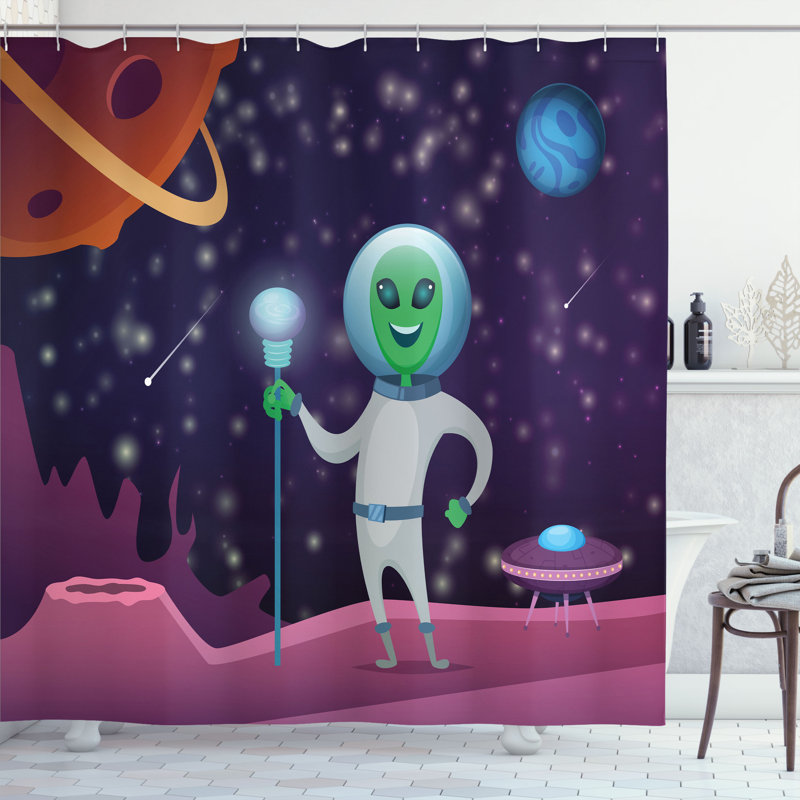 East Urban Home Alien Shower Curtain Cosmic Space Funny Character, 75"H x 69"W