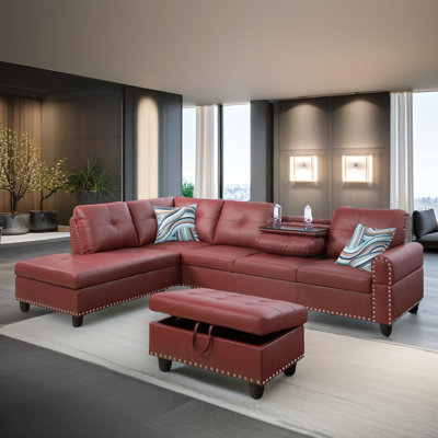 Ensemble de canapé de salon modulaire 3 pièces en similicuir rouge Opal