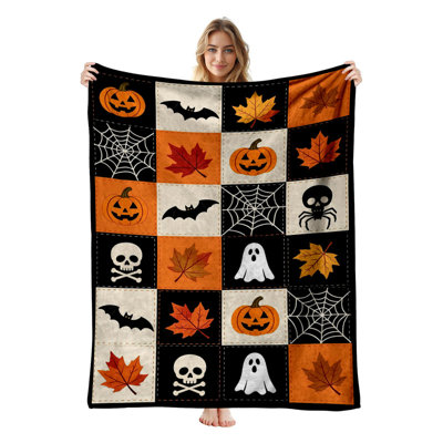 JYK Halloween Flannel Fleece Twin Blanket, Lightweight, Breathable, Soft Cozy Warm Plush Microfiber, 60"x80",  Halloween Icon Grid
