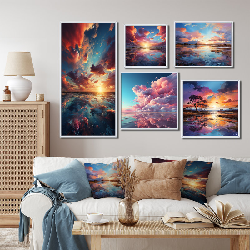 Majestic Dream Sunset Horizon - Ensemble de 5 décorations murales ciel, Cadre flottant blanc