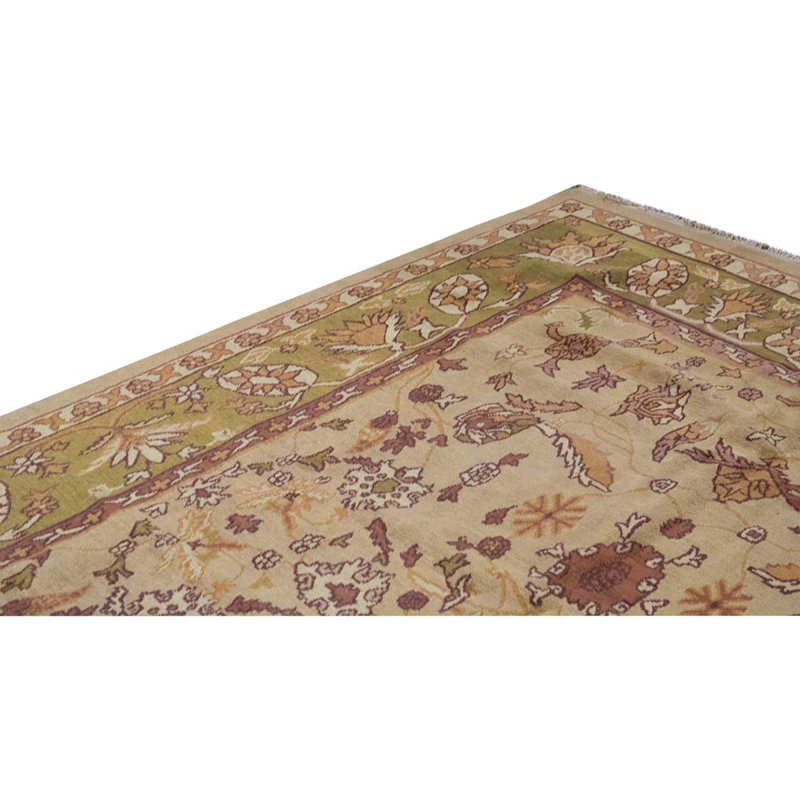 Tapis oriental beige / rose / vert en laine noué à la main 8 pi x 10 pi