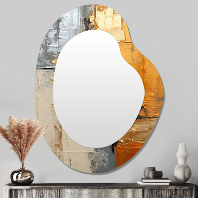 Gold Grey Gleaming Geometry XV - Abstract Collages Asymmetrical Unique Wall Mirror, Modern Freeform Mirror, Printed Metal Art