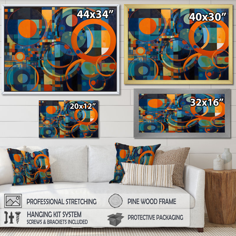 «Orange Blue Geometrie Unleashed II - Abstract Shapes», art mural, Toile tendue, H 24 po x l 32 po x P 1 po