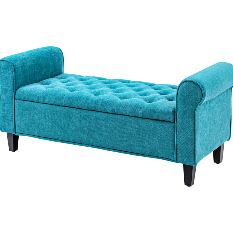 50" Storage Bench By , Teal. Upholstered With Velvet. Button , Rolled Arms, Wood Legs. For Bedroom, Living Room, Entryway. Hidden Area. 264 Lbs Static Weight. Assembly Required Entryway Storage, Teal