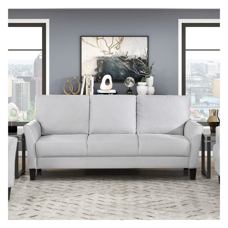 Canapé moderne à 3 places avec accoudoirs évasés, tissu en polyester gris et structure en bois massif pour le salon
