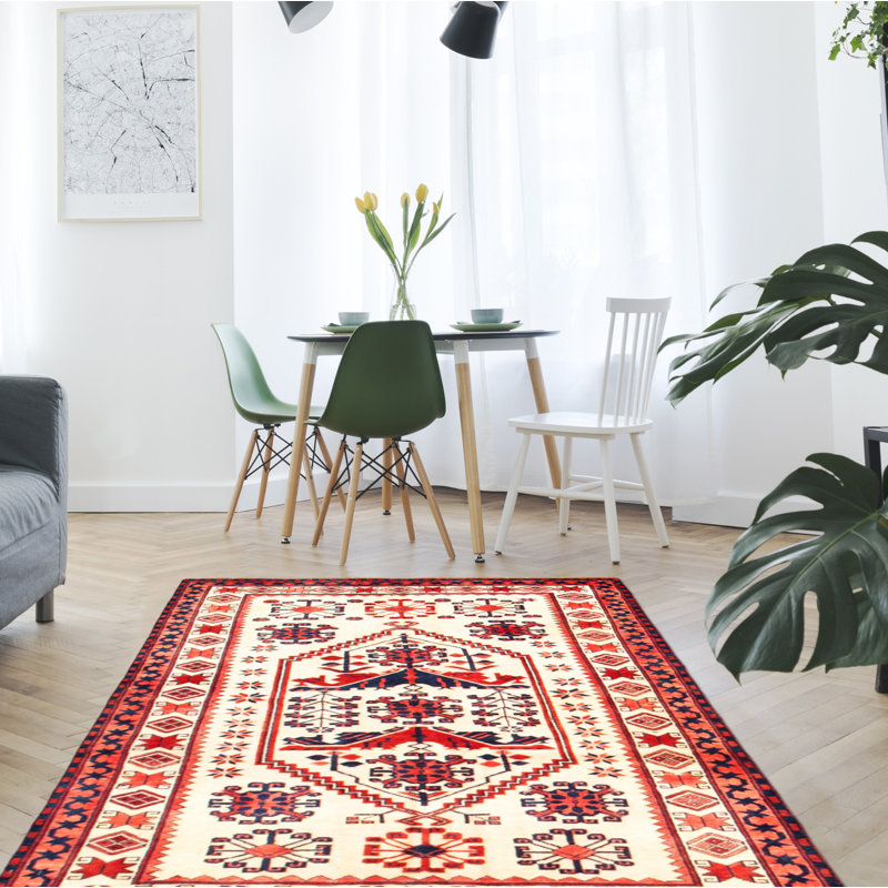 Tapis décoratif en laine de conception unique 3 pi 7 po x 5 pi 9 po noué à la main gris de couleur crème/rouge/bleu marine