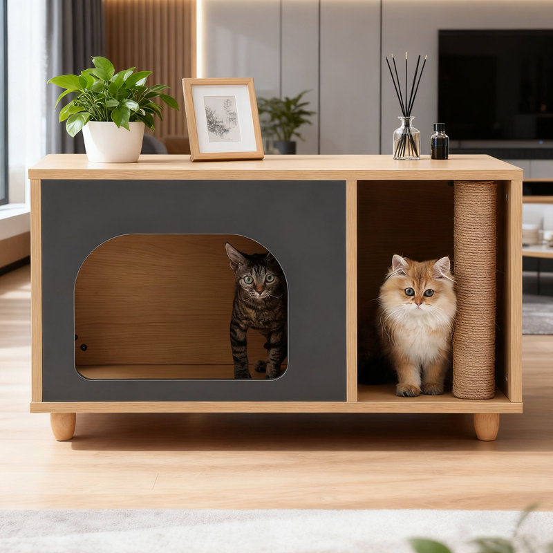Enceinte de litière pour chat, condo pour animaux de compagnie avec poteaux à griffer