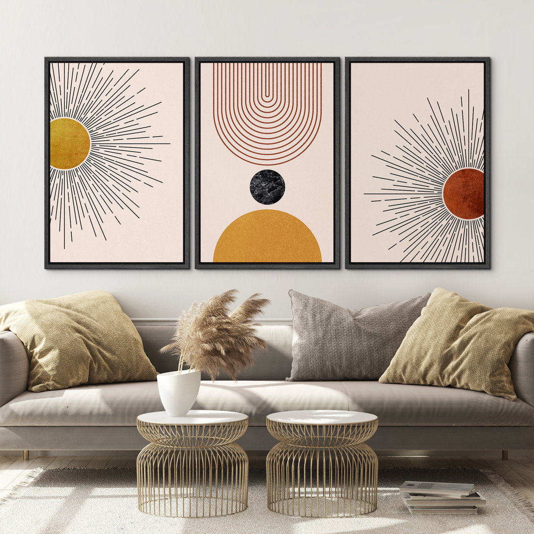 Mid Century Modern Boho Bright Nordic Abstract  Living Room Framed Canvas 3 Pieces Print Wall Art IDEA4WALL Frame 