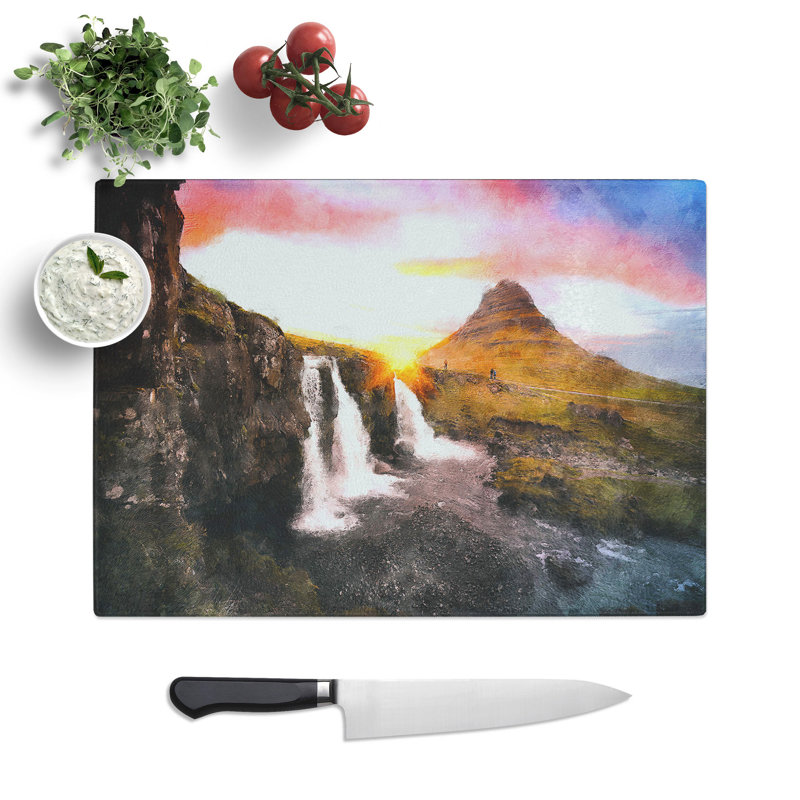 Tempered Glass Kirkjufell Waterfalls & Mountain Chopping Board, 28.5 cm x 39 cm