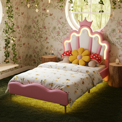 Multi-Sizes Upholstered Princess Bed With Dual-Zone Led, PU Leather Height-Adjustable Headboard, Pink/White (90x190, 90x200, 140x200)